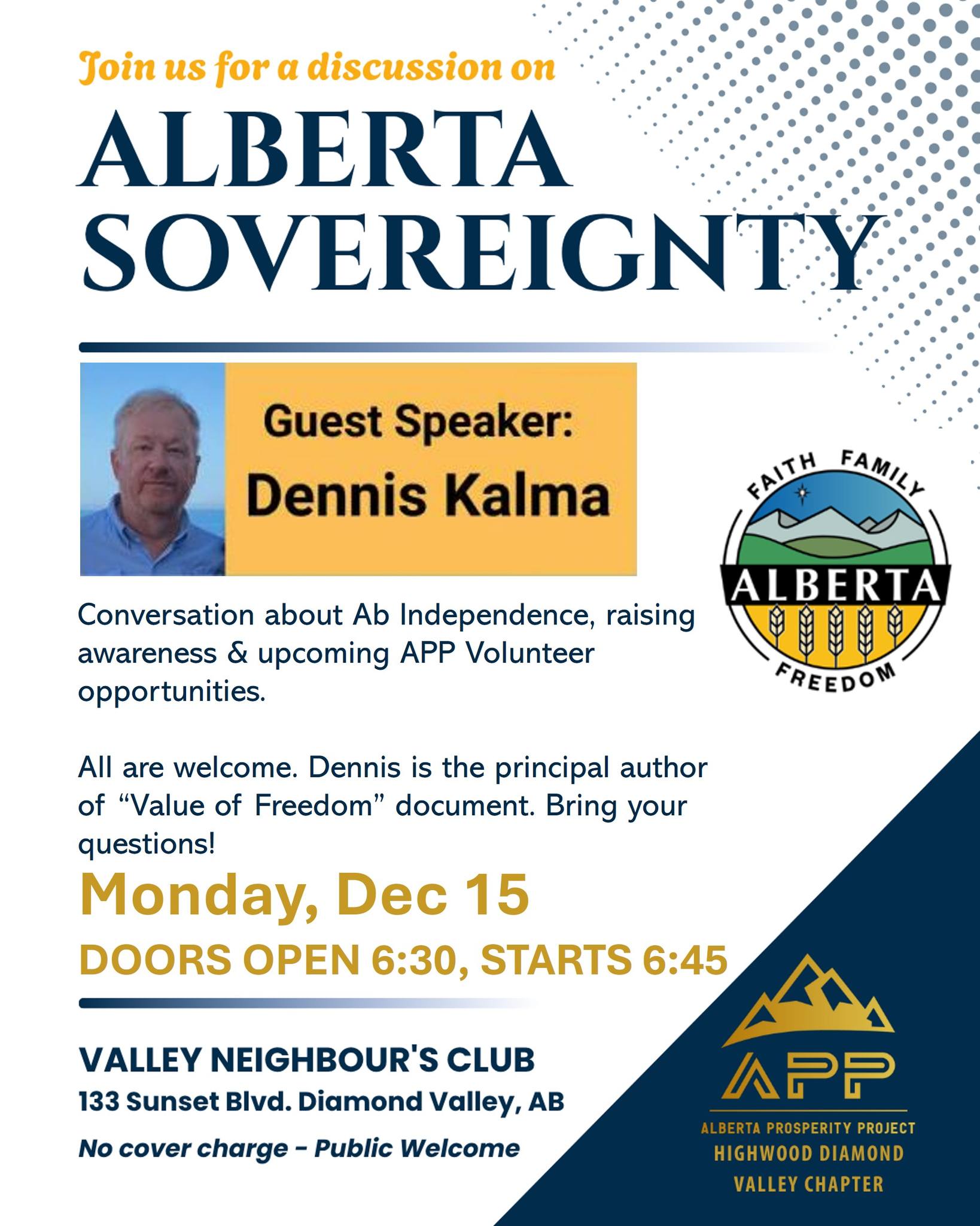 AN event dec 15 APP Diamond Valley Potluck Supper